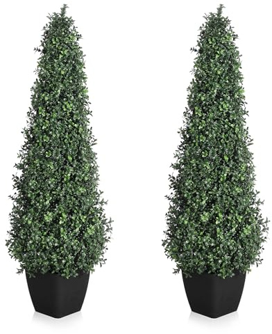 2er Set 90cm Künstliche Buchsbaum-Figuren, Dekorative Kunstpflanzen in Töpfen – Kegelförmiger Buchsbaum-Formschnitt als Kunststrauch für Deko auf Veranda, im Wohnbereich oder Büro (90cm)