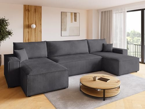 BROMARKT Ecksofa mit Schlaffunktion Cord Grau Wohnlandschaft u Form Big Sofa Schlafsofa mit Bettkasten Schlafcouch Wohnzimmer Couch 5 sitzer 312x143x85 cm ADI