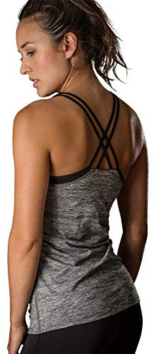 icyzone Damen 2 in 1 Sport Yoga Tops mit BH - Gym Shirts Fitness Trainings Tank Top (M, Grau)