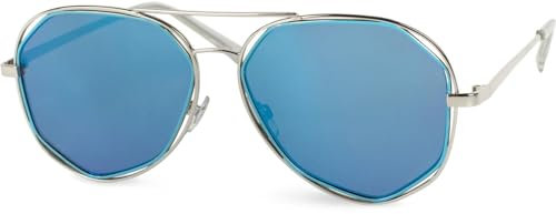 styleBREAKER Damen Duochrome Effekt Sonnenbrille, Pilotenbrille mit eckigen Gläsern und Federscharnier 09020068, Farbe:Gestell Silber/Glas Blau verspiegelt