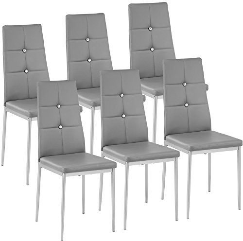 tectake® Moderne Stühle, 6er Set, 6X Stuhl mit Bezug aus Kunstleder, Glitzersteine, als KüchenstühleEsszimmerstühle oder Polsterstuhl für Wohnzimmer, Esstisch, Bar - grau