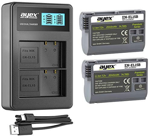 ayex Power Paket mit 2X EN-EL15 Akku + USB Dual Ladegerät Passend für Nikon Z8 Z6 Z7II Z5 D7500 D7000 D850 D800E D750 D610 D500 V1 etc.