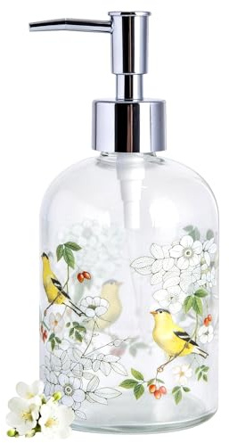 Topadorn 17oz Glass Soap Dispenser with Plastic Pump for Kitchen and Bathroom, Refillable Clear Bottle for Dish Soap & Hand Soap, Bird & Flower