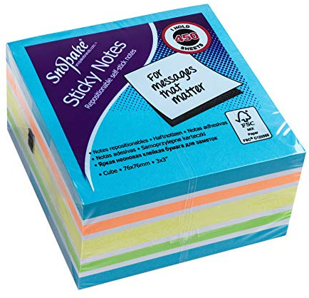 Snopake 76 x 76 mm blau Regenbogen NeonMix Haftnotizen [Würfel mit 450 Blatt] 15847