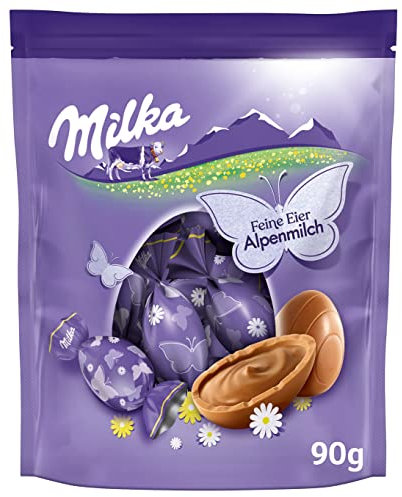 Milka Feine Eier Alpenmilch 1 x 90g I Osterschokolade Einzelpackung I für das Osternest und zum Verstecken I Süßigkeiten zu Ostern aus 100% Alpenmilch Schokolade
