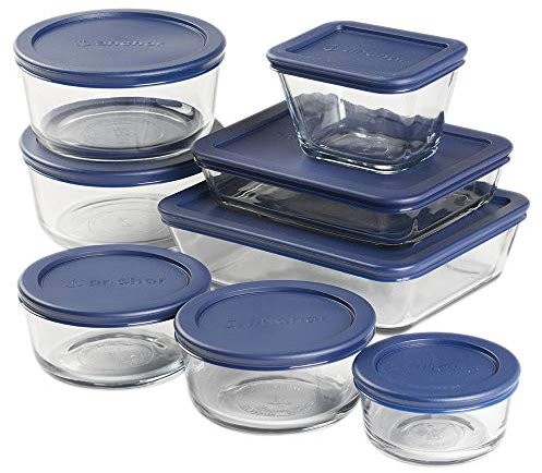 Anchor Hocking 13956ECOM 16 Piece Round and Rectangle Glass Food Storage Containers, Navy Lids