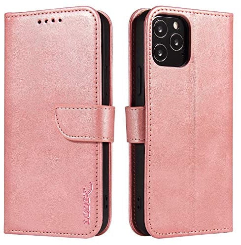 LOLFZ Wallet Case for iPhone 12 Pro Max, Vintage Leather Book Case with Card Holder Kickstand Magnetic Closure Flip Case Cover for iPhone 12 Pro Max 6.7 inch - Rose Gold