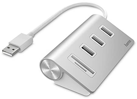 Hama USB Hub 5 Ports mit Kartenlesegerät (High-Speed Datenübertragung, 2X Kartenleser SD und microSD, 3X USB-A für Maus, USB-Stick, usw. Multiport Adapter, USB Adapter 5in1 für Büro, Homeoffice) Alu