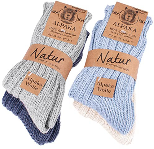 BRUBAKER 4 Paar Alpaka Socken mit Alpakawolle - Wintersocken Set für Damen und Herren - Blau Grau Beige - Größe 39-42