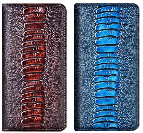 Aveuri iPhone 12 Mini Phone Case, Luxury Ostrich Texture Genuine Leather Magnetic Flip Cover Case For Apple iPhone 12 Mini 5.4 with Kickstand Card Slots (Blue)