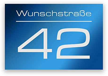 Hausnummer Blau mit Gravur Straßenname und Nummer personalisiert Hausnummernschild - Acrylglas wetterfest und UV-beständig - 225 x 150 mm