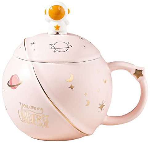 HwGui Kaffeetassen Keramik Astronaut Becher mit Deckel und Löffel Kaffeebecher als Geschenk Porzellan Tasse für Kaffee Tee Milch Wasser, 450ml (Rosa)