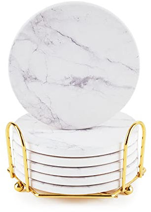 White Coasters,Geichan Coasters Set of 6, Ceramic Marble Coaster with Holder and Cork Base for Cups, Tables and Home Decor,4