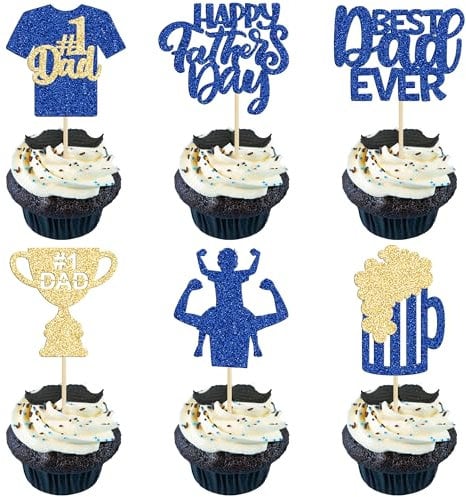 24Pcs Happy Father's Day Cupcake Toppers with Beer T-shirt Blue Glitter Best Dad Ever Cake Toppers No 1 Dad Cupcake Picks for Happy Father's Day Theme Party Cake Decorations Supplies