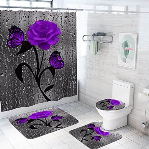 BXFUL 4 Piece Waterproof Shower Curtain Set for Bathroom-Rose-Non-Slip Bath Mat and 12 Hooks,Curtain Set with Rug,Toilet Lid Cover Bathroom Decoration (Purple)