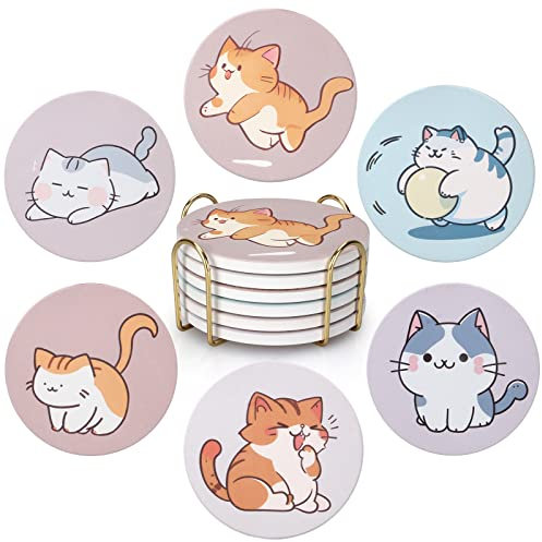 Niedliche Untersetzer, Set mit 6 Untersetzern für Katzenliebhaber, mit Halter, Keramik-Untersetzer für Tisch, Getränke, Katzen-Thema, Geschenke, Kawaii, Anime-Dekoration, Büro, Schreibtisch,
