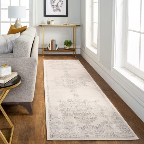 Livabliss Roma Vintage Teppich Groß - Orientalischer Boho für Wohnzimmer, Esszimmer, Schlafzimmer - 80x150 cm, Kurzflor für Einfache Pflege - Muster in Elfenbein und Grau