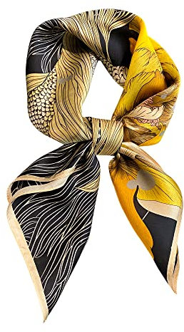 FEIBOON Schal aus 100% reiner Maulbeerseide, quadratisch, 68,6 x 68,6 cm, für Damen, Halstuch, Kopftuch, Haarschal, Bandana, Geschenkverpackung, Schwarz+gelbe Blumen, 21in