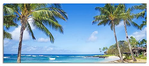 Pixxprint Glasbild Panorama, Wandbild aus Echtglas, Wunderschöner Strand mit Palmen, 100x40 cm, inkl. Aufhängung und Abstandshalter