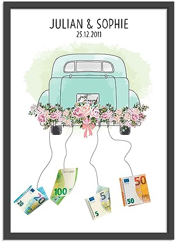 OWLBOOK® Hochzeitsgeschenke für Brautpaar Geld | Geldgeschenk Hochzeit | Geschenk Hochzeit Geld | Geldgeschenke zur Hochzeit | Geld schön verpacken | Bilderrahmen | Oldtimer Just married |
