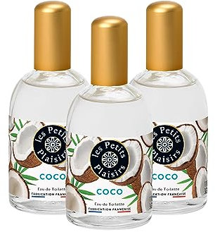 Les Petits Plaisirs - Lot de 3 - Eau de toilette Coco, Eau de toilette femme, Gourmande, Solaire et musquée, Made in France, flacon 110ml