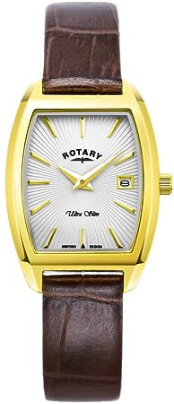 Rotary Damen Quartz Armbanduhr, 25.00mm Gehäusegröße mit weiß analog Zifferblatt und braun Lederarmband Armband LS08018/06