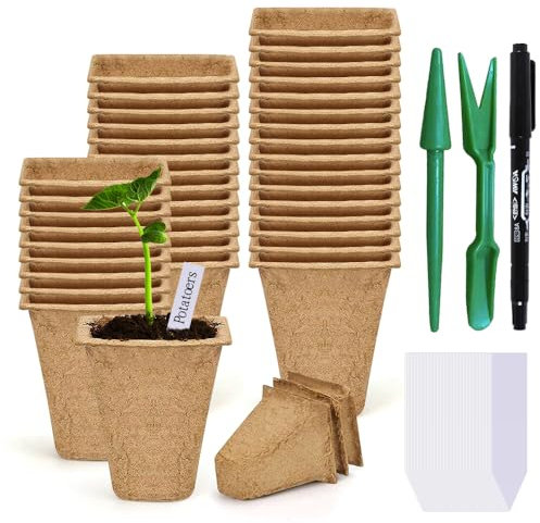 100Pcs 8cm Macetas de Semillas de Fibra Biodegradable para Plántulas y Trasplantes con 100 Etiquetas de Plantas de Plástico, Macetas de Fibra para Plantasde de Semillero,Flores,Plantas,Vegetales