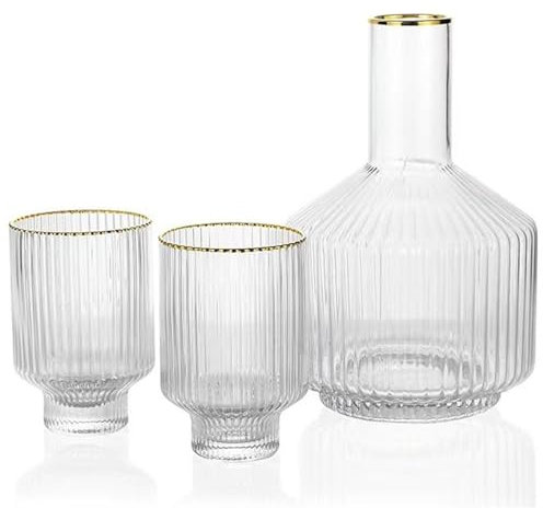 Bedside Carafe Glass Set, 1 Pitcher 2 Cups for Nightstand Water, Ribbed Bedside Water Decanter with Gold Rim Tumbler Cup, Vintage Bedside Carafe Use for Bathroom, Bedroom, Kitchen, Office