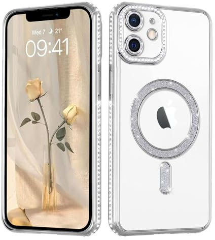 Coalbooliy Handyhülle für iPhone 12 Hülle Glitzer 6,1 kompatibel mit Mag-Safe, Plating Magnetic Durchsichtig Silikon Cover Bling Sparkly Diamond Camera Crystal Luxury Case Mädchen, Silber