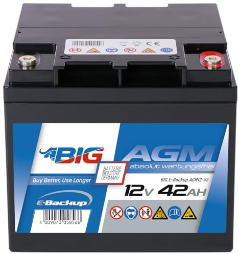 BIG E-Backup AGM Notstrombatterie für EPS- und USV-Systeme, Speicher- & Kommunikationssysteme, Alarmanlagen & Notbeleuchtung (12V - 42Ah)