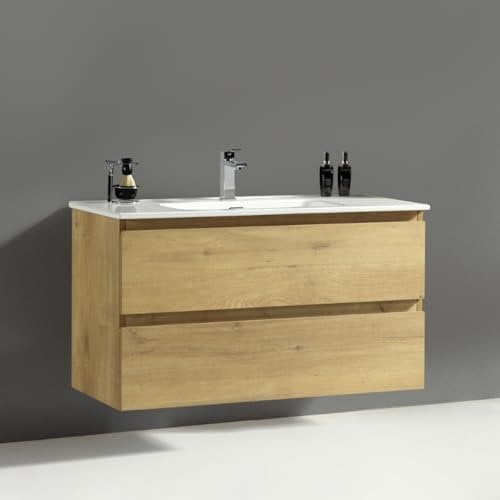 Alpenberger Waschtisch mit Unterschrank 100 cm Breit | Waschbeckenunterschrank Schubladen | Gäste WC und Badezimmermöbel | Badmöbel Set Badschrank Hängend (Vivento 100 Eiche Natur)