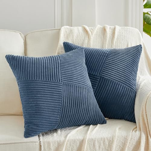 FDTERN 2er Set Denim Blau Boho Dekorativ Kissenbezug 40x40 mit Diagonales Gestreiftes Muster Weich Kordsamt Kissenhülle Zierkissenbezüge Sofakissen Dekokissen Deko für Sofa Schlafzimmer Wohnzimmer