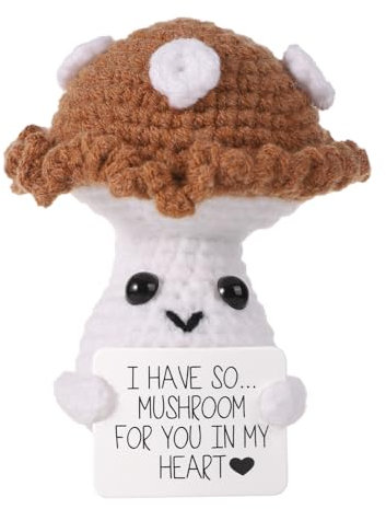 lasuroa Lustiger Positiver Pilz, 10cm Kreative Süße Plüsch Gestrickte Wollpilz Puppe mit Inspirierender Karte Pilz-Häkel-Glücks Ermutigung Geschenk für Kinder-Teenager-Geburtstag Party-Dekoration