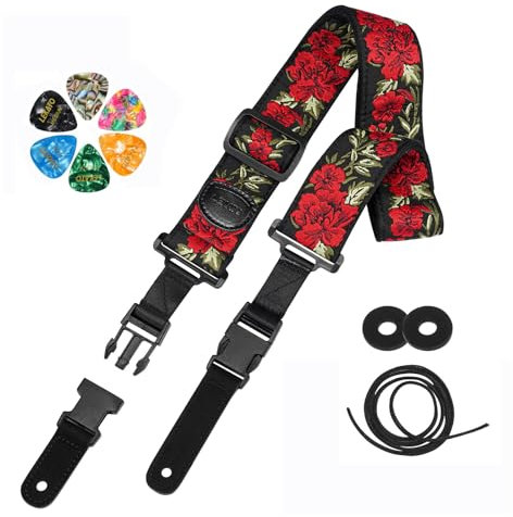 LEKATO Guitar Strap with Quick Release Leather Ends, Flower Embroidered Guitar Strap with Guitar Picks,Strap Locks for Acoustic,Electric,Bass Guitar
