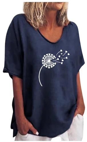 Damen-T-Shirt mit Blumenmuster, Vintage-Aufdruck, Rundhalsausschnitt, lässig, locker, aus Baumwolle und Leinen Modeschmuck Damen Kette Blau (Blue, XXL)