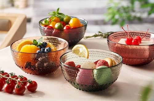 Khen Glass Hobnail Colored Bowl | Set of 4 | Natural Colors 5.7 Dinner or Mixing Cup - Dessert, Charger, Appetizer Bowl, Snack, Fruit, Nuts | Vintage Art Deco Hand Wash Housewarming Gift