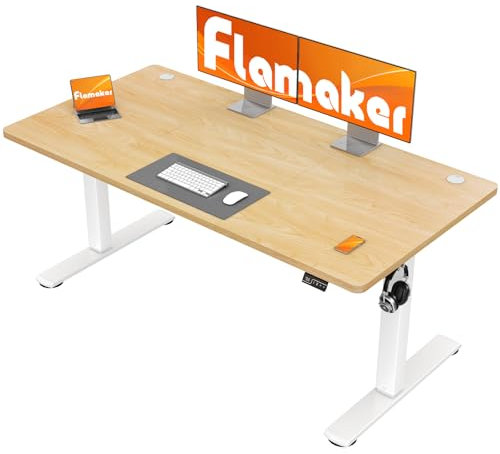 Flamaker Electric Standing Desk 140x60cm Height Adjustable 73-118cm 4-Button Memory Control & LED Display Heavy-Duty Steel Frame 50kg Weight Capacity Anti-Collision Hook & Cable Port,Beige