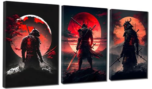 VTRXEG Japanische Samurai Bilder, Rot Portrait Kunstdrucke Poster Set, Modern Wohnzimmer Schlafzimmer Dekoration Ohne Rahmen (3x40x60cm, Samurai-2)