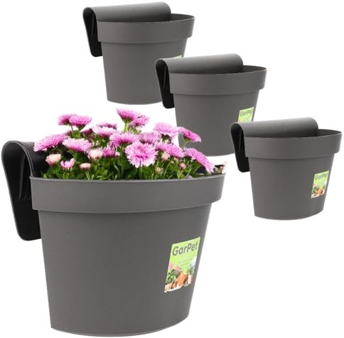 4X Geländertopf Balkon mit Wasserspeicher Blumentopf Zaun Blumenkasten Geländer Geländerkasten Balkontopf Balkonkasten Anthrazit Außenbereich 21 x 29 x 23 cm