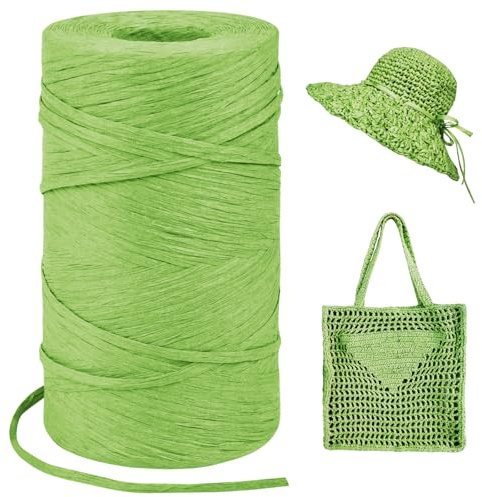 LEREATI Grass Green Raffia Yarn for Crochet Bags, 3mm x 300m Flat String Raffia Ribbon for Gift Wrapping, Raffia Paper Ribbon Yarn for Crocheting Sun Hat, Bag, DIY Crafts, Holiday Decoration