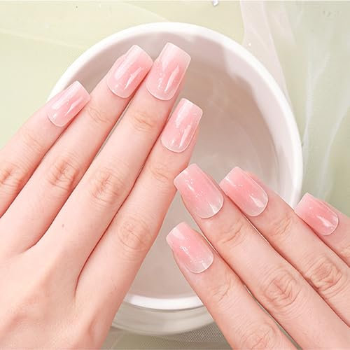 YANZEFEI Semi Cured Gel Nails Strips, 16pcs Pink Gel Nail Stickers, UV Light Required, Long Lasting