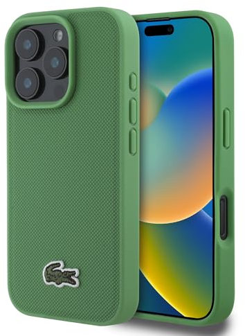 Lacoste Étui de protection pour iPhone 16 Pro Max, vert, original, chargement sans fil, compatible avec le sport, texturé, vert