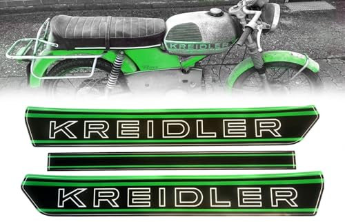 BISOMO Tank Aufkleber Kreidler Schriftzug in Schwarz-Grün, Komplett-Bogen mit 3 Stickern, Länge 410mm RMC, RS, Florett