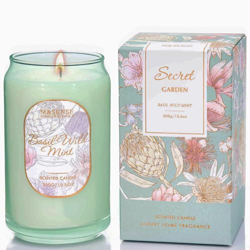 M&SENSE Duftkerze Basilwild Minze,300g 10.6 oz Duftkerzen im Glas, Natürliche Soja-Kerze, Kerzengeschenke für Frauen & Männer,Aromatherapie candle zur Entspannung, 60 Stunden Brenndauer