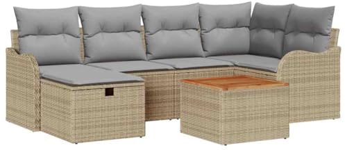 vidaXL 7-teiliges Garten-Sofa-Set mit Kissen in Beige aus Poly Rattan – Wetterfestes, modulares Design für die Terrasse, perfekt für 6 Personen.