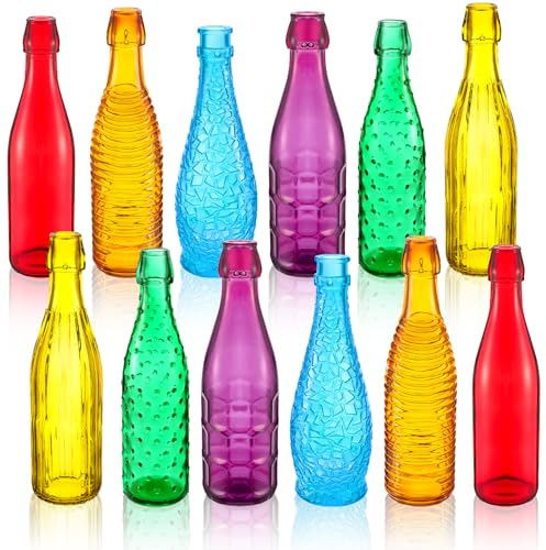 Zhehao 12 Pcs Colored Glass Bottles 6 Shapes and 6 Colors Decorative Vases