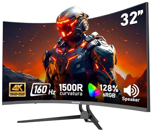 Gawfolk Monitor da computer curvo Ultra HD da 32 pollici 4K Ultra HD 1500R, visualizzazione da gioco a 160Hz, 1 ms, sincronizzazione adattiva, 128% sRGB, ampio angolo di visualizzazione di 178°, HDMI