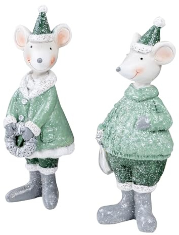 levandeo 2er Set Maus Figuren Weihnachten Deko Kunstharz Grün Weiß Weihnachtsdeko Tischdeko Deko Figur Mäuse Paar Mäuserich Weihnachtsschmuck