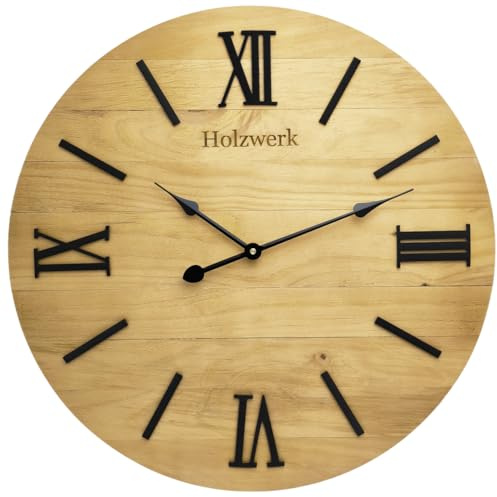 Holzwerk Große 60 cm XL Retro Natur Wanduhr Rustikal Vintage lautloses Uhrwerk ohne Tickgeräusche industrielle Landhaus Braun lautlos Massivholz Natur Holz-Uhr Römische Ziffern (Vintage.Braun 60cm)
