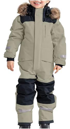 Mono de Esquí Niños, Traje de Nieve Niño Niña Cálido Transpirable Snowsuit con Capucha Impermeable Térmico de Una Pieza Ropa Invierno para 1-15 Años (Khaki, 6-7 Years)